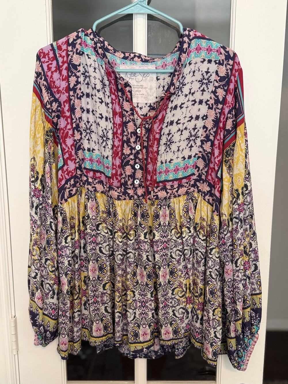 Kyla Seo XL Boho Patchwork Hooded Tunic Blouse Multicolor Viscose